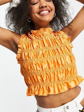 Lola May shirred satin crop top in peach
